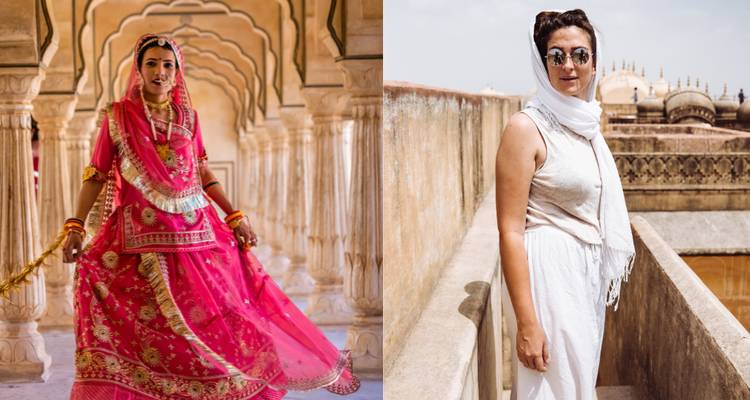 Imagen dividida de dos mujeres elegantes posando en los pasillos ornamentados de un palacio rajastani.