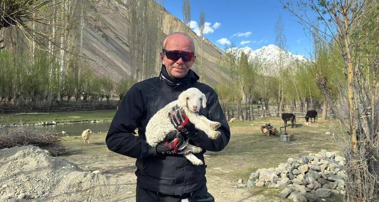 Ein Reiter in schwarzer Ausrüstung hält sanft ein weißes Lamm, mit schneebedeckten Gipfeln und Farmtieren im Hintergrund.