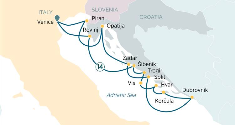 Carte d'itinéraire montrant un itinéraire de croisière de 14 jours au départ de Venise le long de la côte adriatique de la Slovénie et de la Croatie.