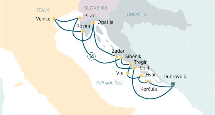 Mapa de ruta detallado de 14 días desde Venecia a través de Eslovenia y Croacia bajando por la costa de Adriático hasta Dubrovnik.