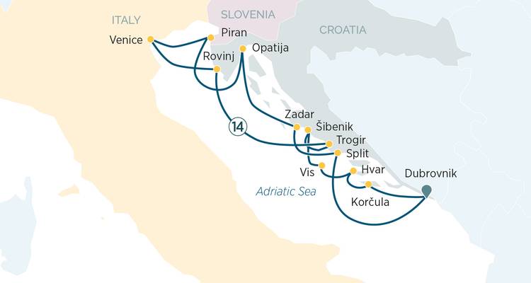 Mapa de itinerario estilizado que muestra una ruta de crucero de 14 días desde Venecia a través de Croacia y Eslovenia.
