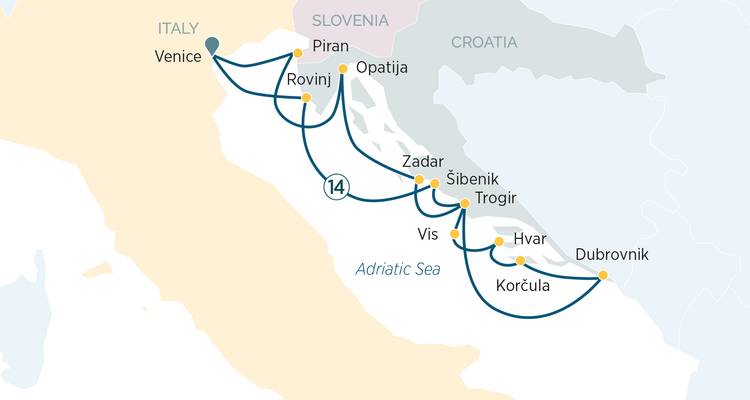 Eine weitere Reiseroute-Karte, die eine zweiwöchige Adriatische Kreuzfahrtsroute zeigt, die mehrere kroatische Häfen ansteuert.