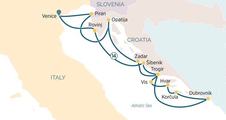 Carte d'itinéraire simplifiée montrant un parcours à arrêts multiples le long de la côte adriatique de Venise à Dubrovnik.