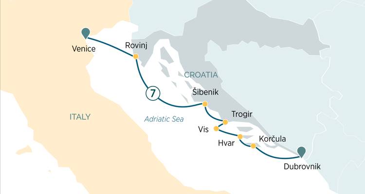 Mapa de ruta simplificado que muestra un itinerario de 7 días desde Venecia hasta Dubrovnik con paradas en la costa croata.