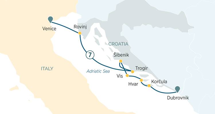Mapa de ruta que muestra un viaje de 7 días desde Venecia hasta Dubrovnik por la costa del Adriático.