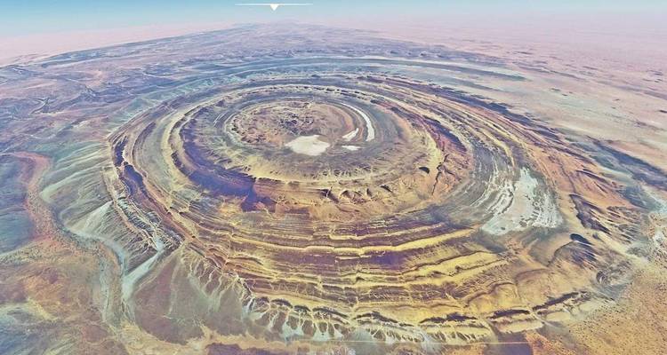 Aerial view of the vast circular Richat Structure, known as the Eye of the Sahara, in Mauritania.