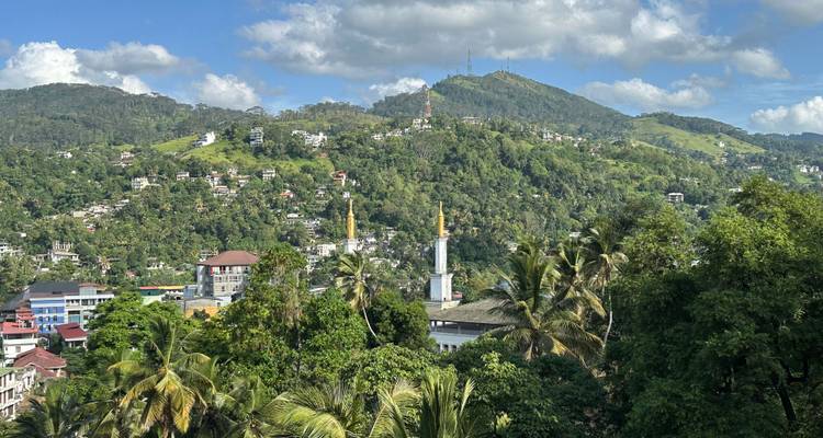 Paisaje urbano en la ladera de Kandy con mezquitas, casas y árboles tropicales bajo cielos azules y brillantes.
