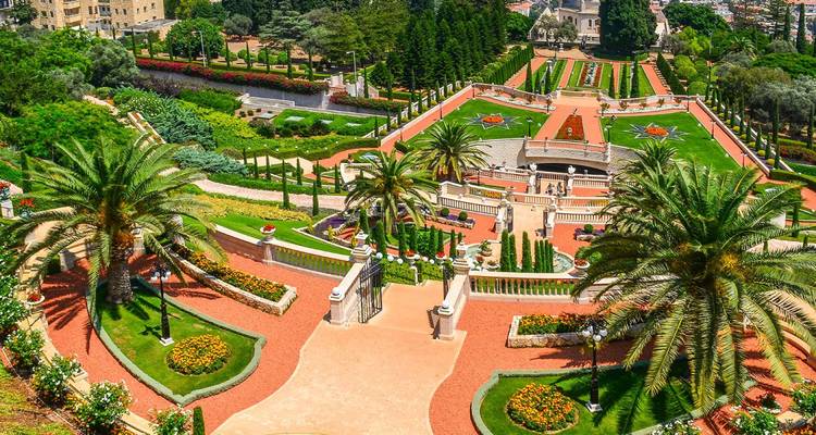 Jardines Bahá'í en terrazas en Haifa con senderos rojos vibrantes, palmeras y diseños florales meticulosos vistos desde arriba.