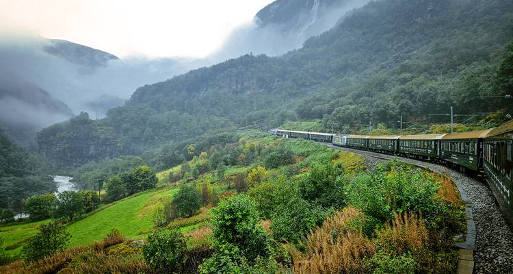 De schilderachtige trein slingert zich door een mistige groene vallei met watervallen op de route van de Flåmbaan.