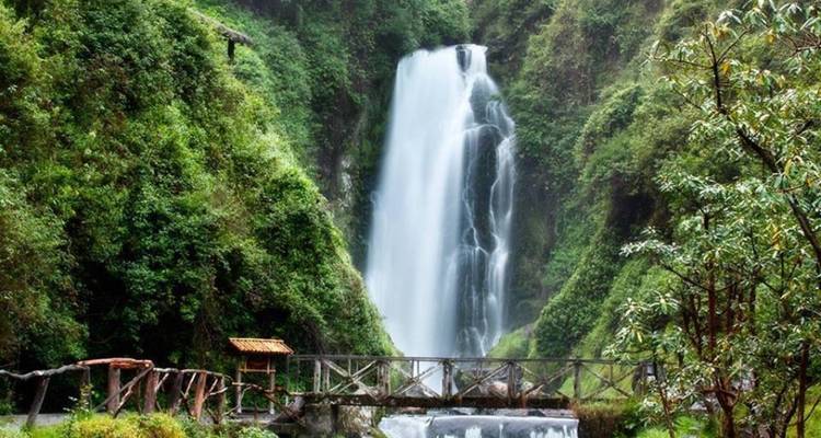 Cascade forestière qui dégringole à côté d'un pont en bois rustique, identique à la vue précédente.