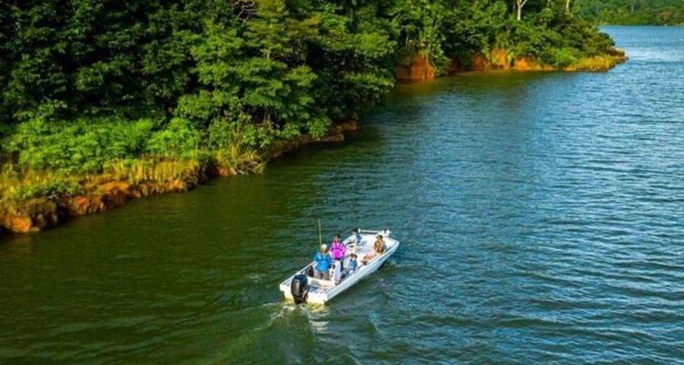 Lancha motora pequeña con turistas navegando en un lago verde rodeado de una densa selva tropical.