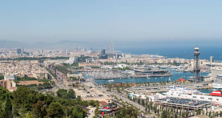 Vue aérienne panoramique de l'horizon urbain de Barcelone et du port rencontrant la Méditerranée bleue