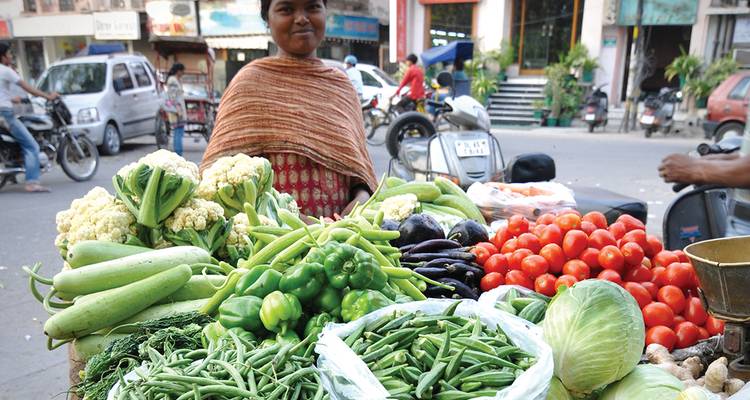 Un vendeur ambulant vend un assortiment vibrant de légumes frais depuis un chariot sur une route indienne très fréquentée.