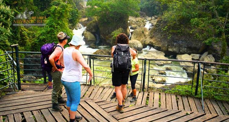 Excursionistas en una plataforma de madera con vistas a rápidos y rocas en una garganta boscosa.