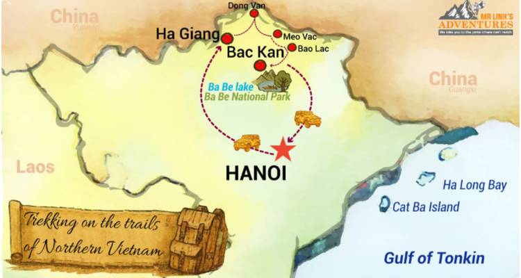 Mapa de ruta ilustrado del norte de Vietnam mostrando Hanoi, Parque Nacional Ba Be, Bac Kan y otros paradas con iconos y texto.