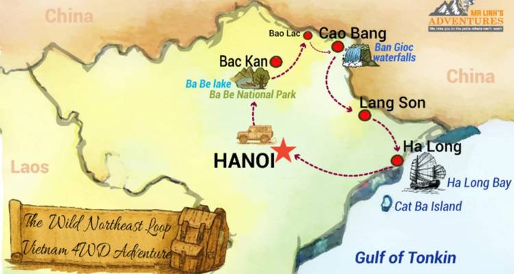 Carte illustrée montrant une boucle d'aventure en véhicule 4x4 partant de Hanoï en passant par Cao Bang, Ba Be, Lang Son et Ha Long.