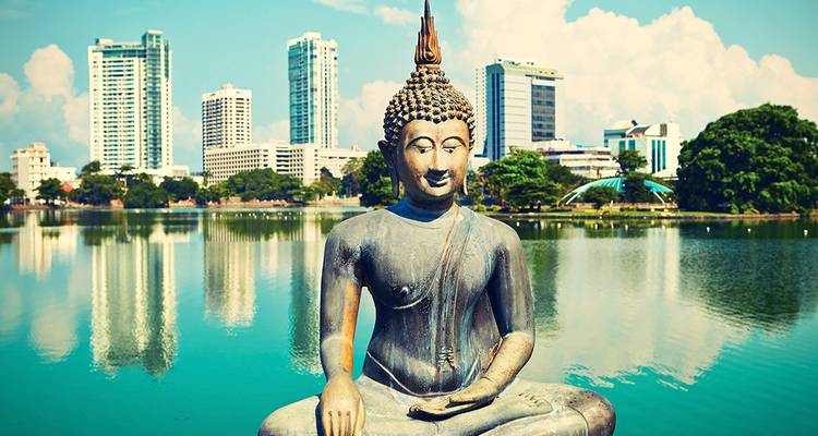 Een vredige Boeddhabeeld kijkt uit over een spiegelglad meer met de skyline van Colombo op de achtergrond.