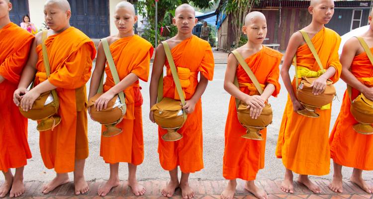 Line of young Buddhist monks in bright orange robes holding alms bowls during morning ritual.
