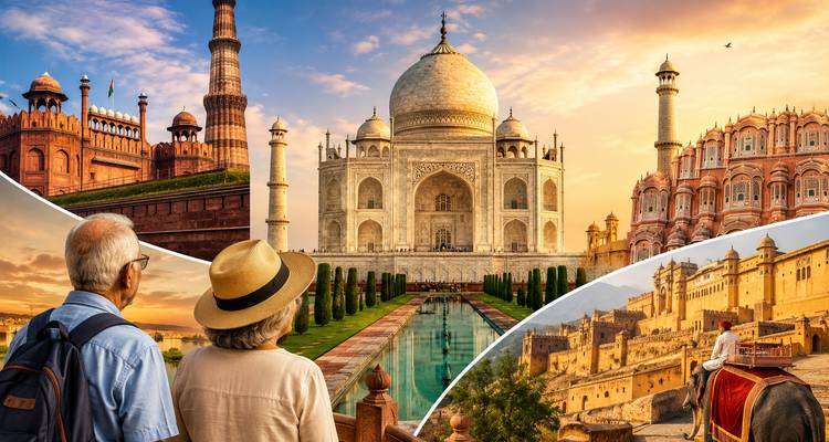 Collageafbeelding met Taj Mahal, Rood Fort, Hawa Mahal, Amber Fort en toeristen die de taferelen bij zonsondergang bewonderen.