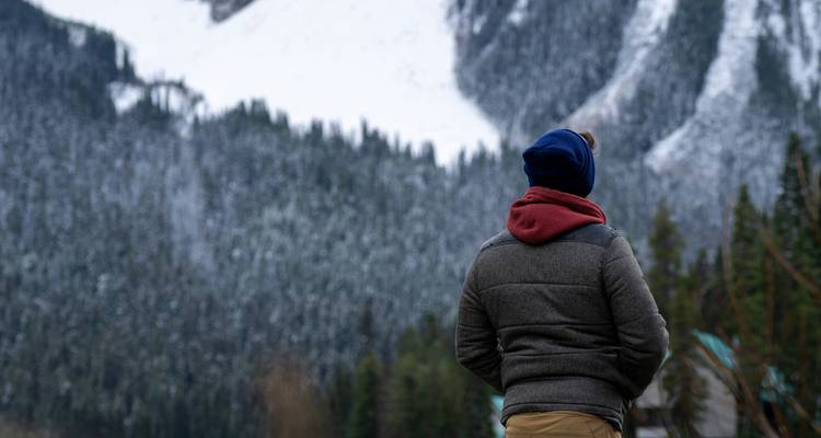 Voyageur solitaire vêtu de vêtements d'hiver qui contemple les pentes forestières saupoudrées de neige et les hauts sommets.