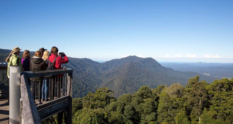 Grupo de visitantes fotografiando exuberantes cadenas montañosas desde una plataforma de observación de madera bajo cielos azules.