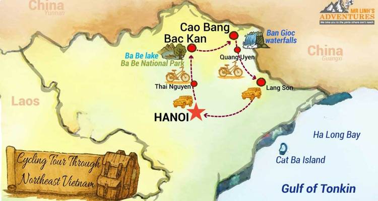Carte d'itinéraire illustrée d'une visite à vélo dans le nord-est du Vietnam avec logos et étiquettes.
