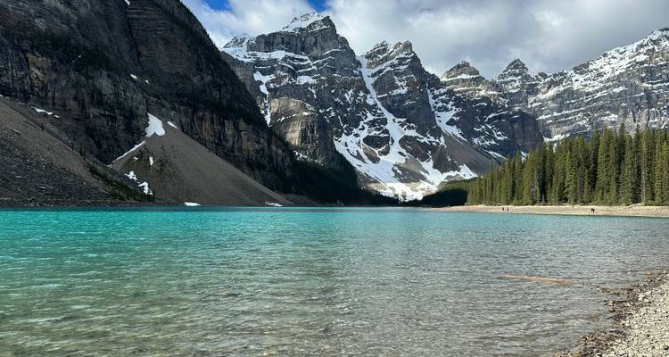 Türkisfarbener Gletschersee unter dramatischen schneebedeckten Gipfeln und immergrünen Wäldern im Banff-Nationalpark.