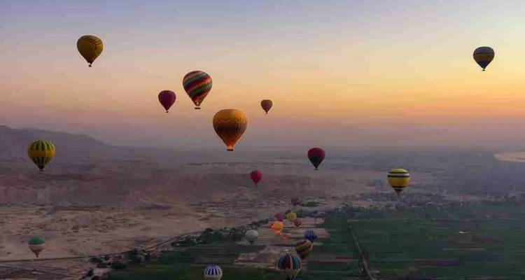 Dozens of hot-air balloons drift above a vast desert valley at golden sunrise.