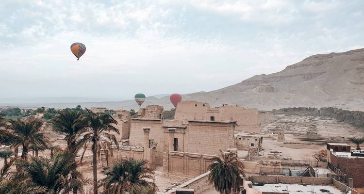 Ancient ruins surrounded by palm trees with several hot-air balloons rising over distant hills.
