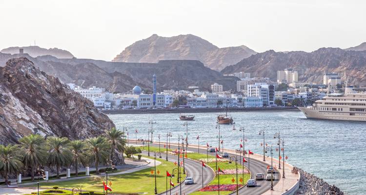 Vista panorámica del Corniche de Mutrah en Mascate con una sinuosa carretera junto al mar bordeada de palmeras y banderas omaníes, dhows y un yate en el puerto, y montañas escarpadas detrás de la ciudad blanqueada.