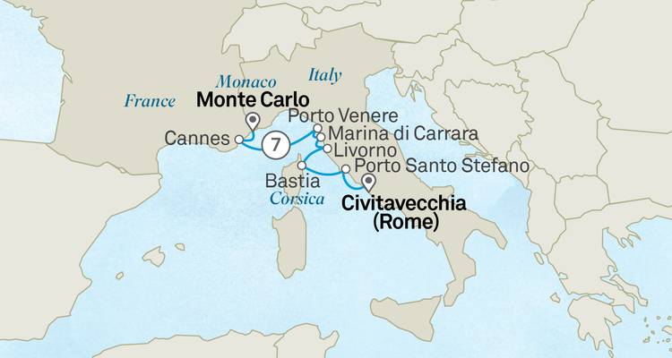 Graphique cartographique de l'itinéraire de croisière autour de la mer Tyrrhénienne mettant en évidence des ports tels que Monte-Carlo et Rome.
