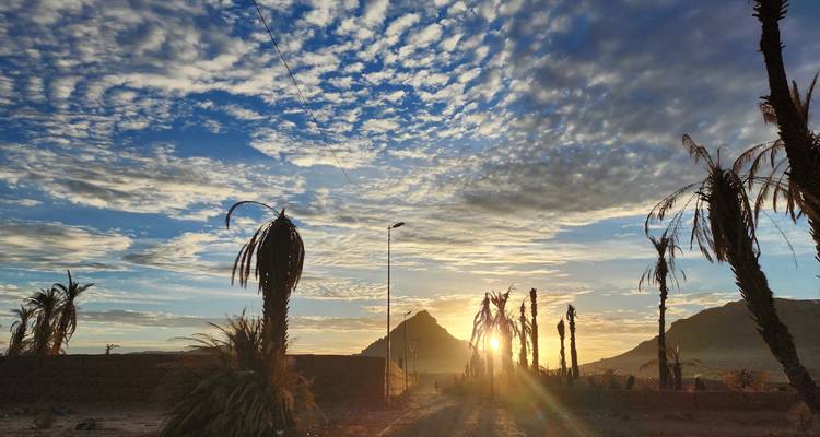El sol se pone detrás de una montaña dentada y palmeras, proyectando rayos largos a través de un cielo parcialmente nublado.