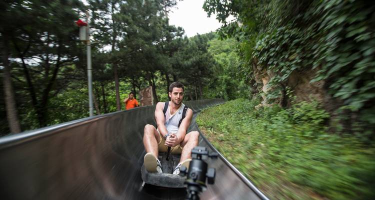 Viajero bajando rápidamente por una pista de tobogán de metal a través de un frondoso bosque cerca de la Gran Muralla