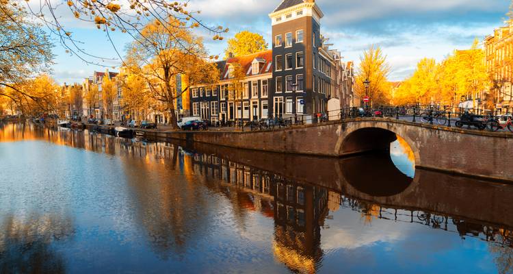 Herfstige reflecties van Amsterdamse grachthuizen en gewelfde brug onder gouden bomen.