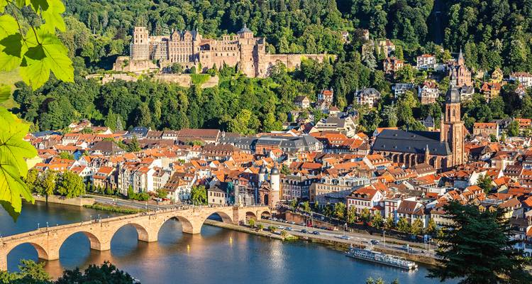 Heidelberg oude stad met stenen brug, rivier de Neckar en kasteelruïnes op een bosrijke heuvel.