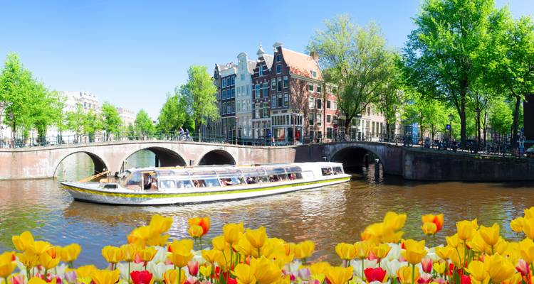 Un día de primavera radiante en un canal de Ámsterdam con un bote de tours y tulipanes coloridos en primer plano.