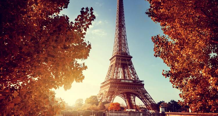 Torre Eiffel enmarcada por hojas de otoño brillando en la cálida luz del atardecer.