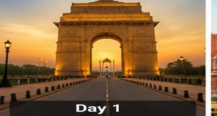 Grafische Itinerary-Folie zeigt India Gate bei Sonnenaufgang mit der Beschriftung "Tag 1".