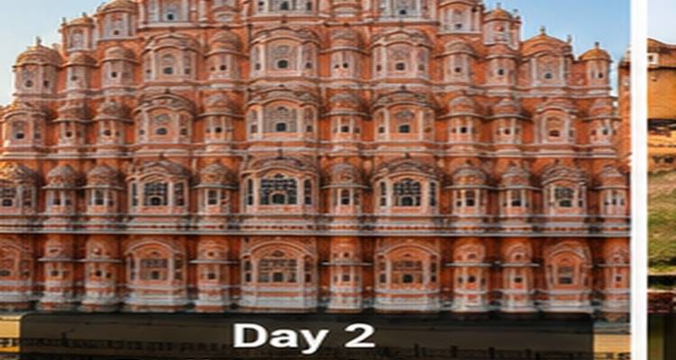 Itinerariumbild mit der Bezeichnung "Tag 2" mit der kunstvollen Fassade des Hawa Mahal in Jaipur.