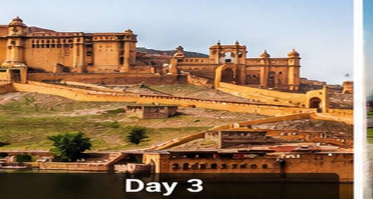 Itinerary-Folie mit der Bezeichnung "Tag 3", auf der die sich über einen Hügel erstreckende Amber Fort dargestellt ist.