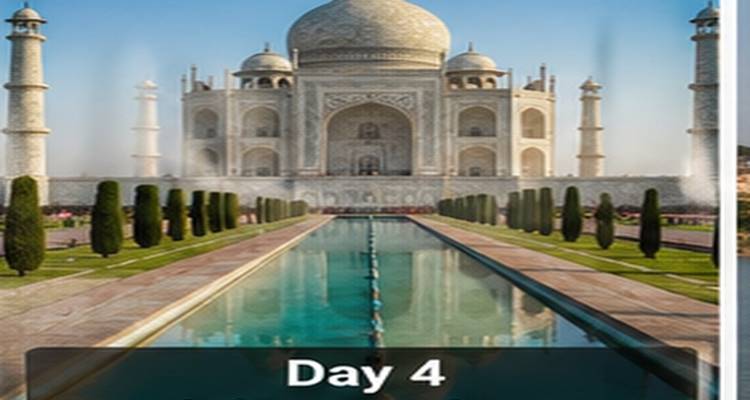 Das Taj Mahal, umrahmt von seinem langen Spiegelbecken und gepflegten Gärten unter einem klaren blauen Himmel.