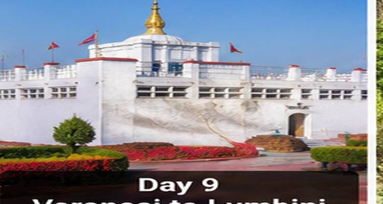Weißer Maya Devi Tempel in Lumbini mit gepflegten Gärten und strahlend blauem Himmel.