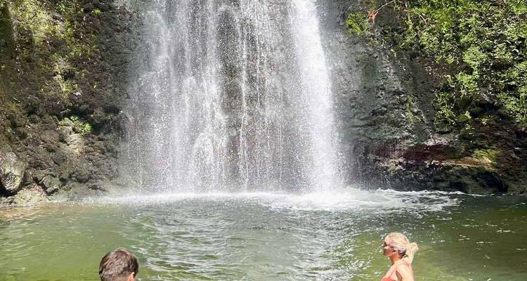 Two people swim at the base of a small waterfall cascading into a green pool surrounded by mossy rock.