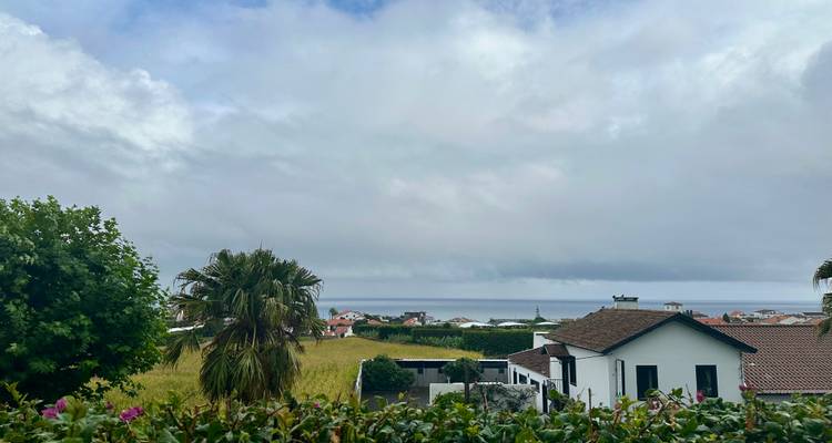 Residential rooftops and fields under a low grey sky with the Atlantic faintly visible.