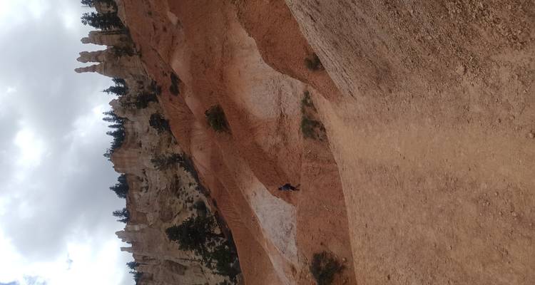Single hiker dwarfed by rolling red and white clay hills and hoodoos along a dusty trail.