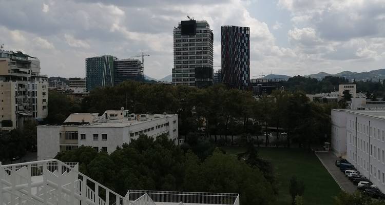 Horizonte de la ciudad con varias torres modernas y un primer plano de árboles maduros bajo un cielo nublado