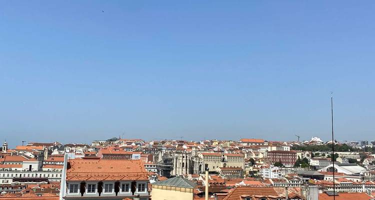 Wide skyline view of Lisbon’s red-roofed cityscape from a hilltop lookout under a cloudless sky.