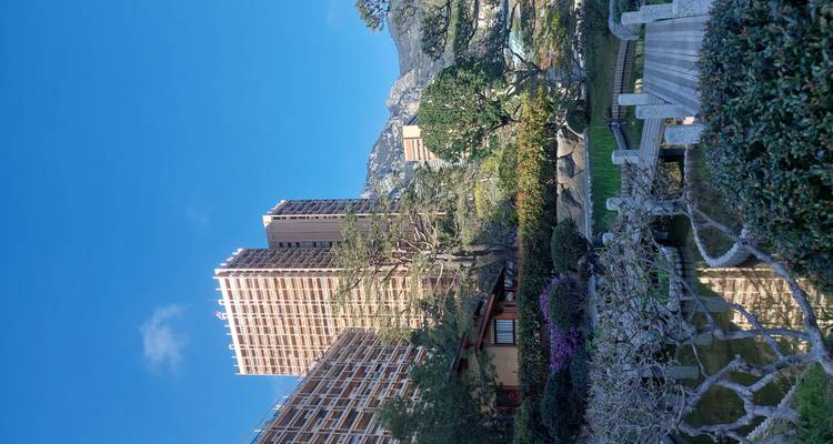 Japanischer Stadtgarten im urbanen Stil mit Teich und darüber hinaus die aufragenden modernen Gebäude von Monaco.