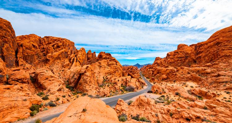 Un camino solitario serpentea a través de formaciones de arenisca naranja vivida bajo un cielo con patrones.