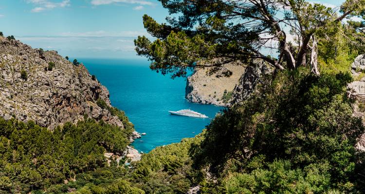 Vue spectaculaire depuis des falaises abruptes vers un yacht ancré dans une baie de type fjord aux eaux bleu profond, entourée de forêts de pins.
